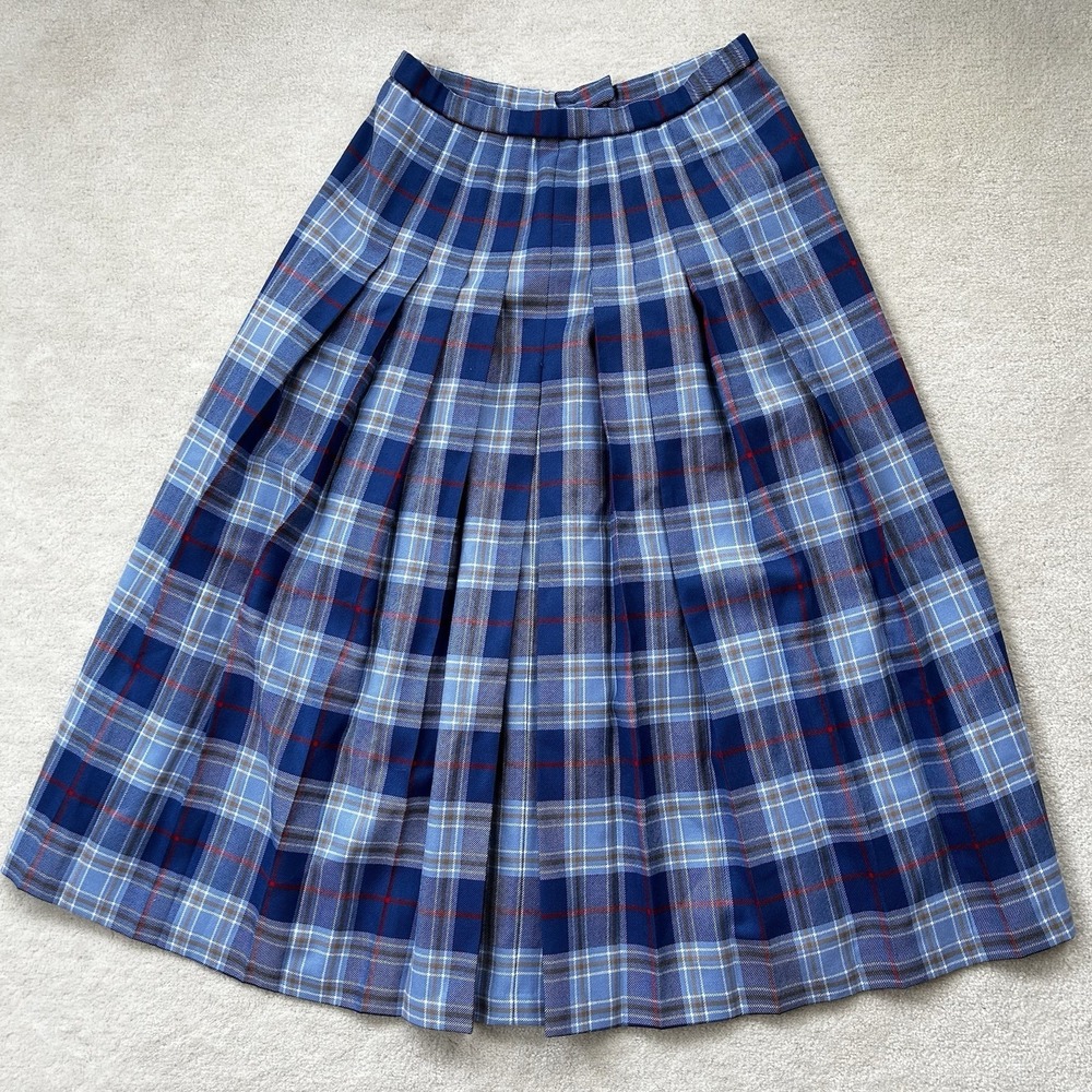 Vintage Pendleton Skirt Full Long Pleated Blue Plaid Virgin Wool 12 USA Made